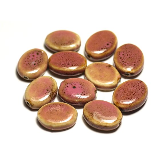 4pc - Perles Céramique Porcelaine Ovales 20-22mm Rose Bonbon Jaune Tacheté - 8741140017559 
