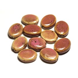 4pc - Perline in ceramica porcellana 20-22 mm ovale rosa caramella maculato giallo - 8741140017559 