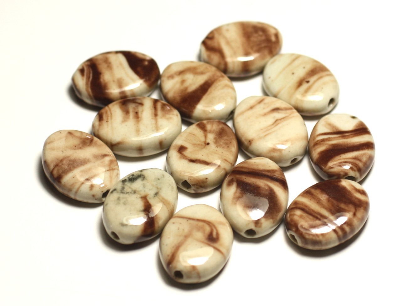 4pc - Perles Céramique Porcelaine Ovales 20-22mm Blanc crème Beige Marron - 8741140017610 