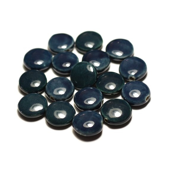 4pc - Perles Céramique Porcelaine Palets 16mm Bleu Vert Paon Canard Marine - 8741140017672