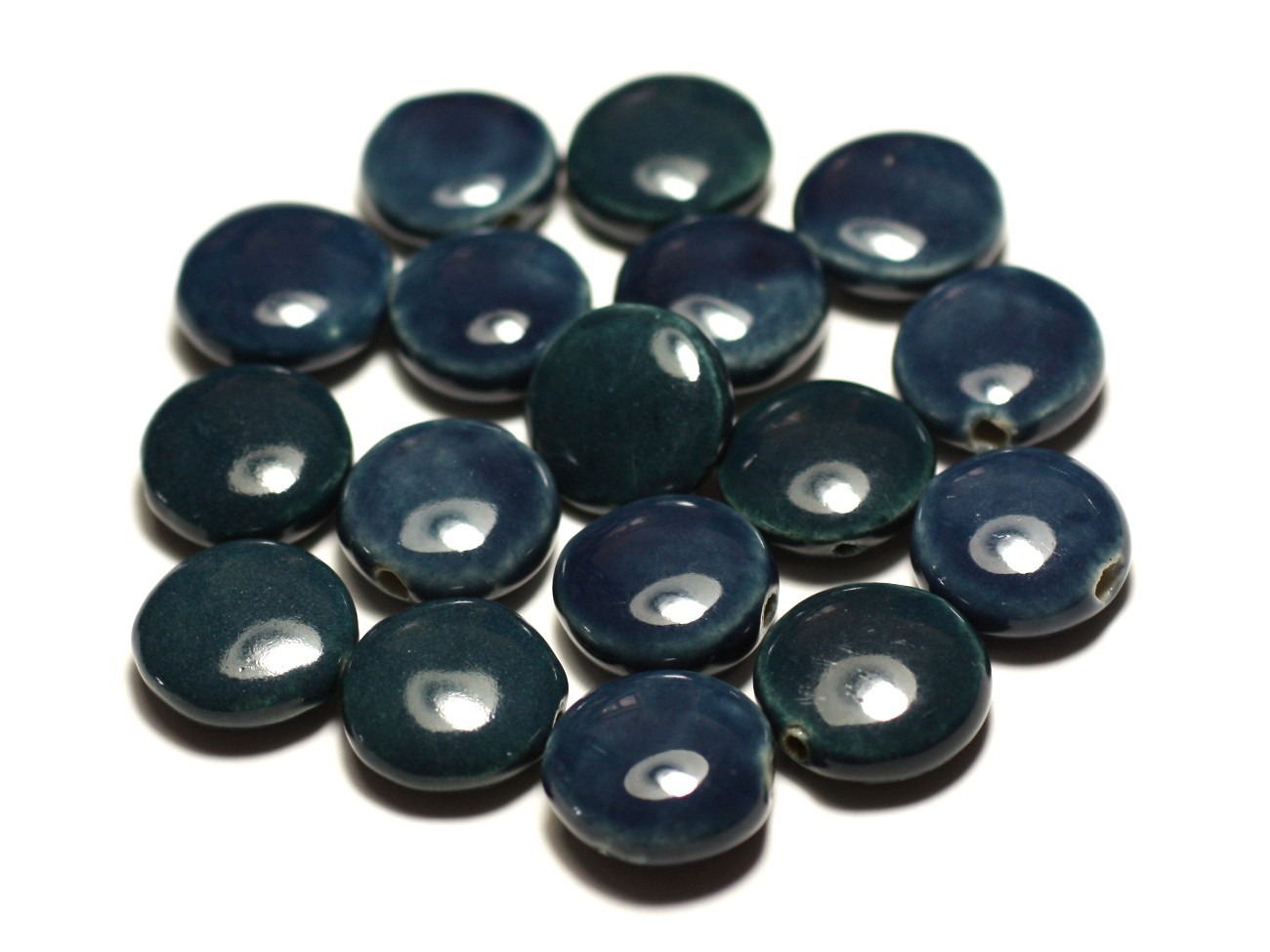 4pc - Perles Céramique Porcelaine Palets 16mm Bleu Vert Paon Canard Marine - 8741140017672