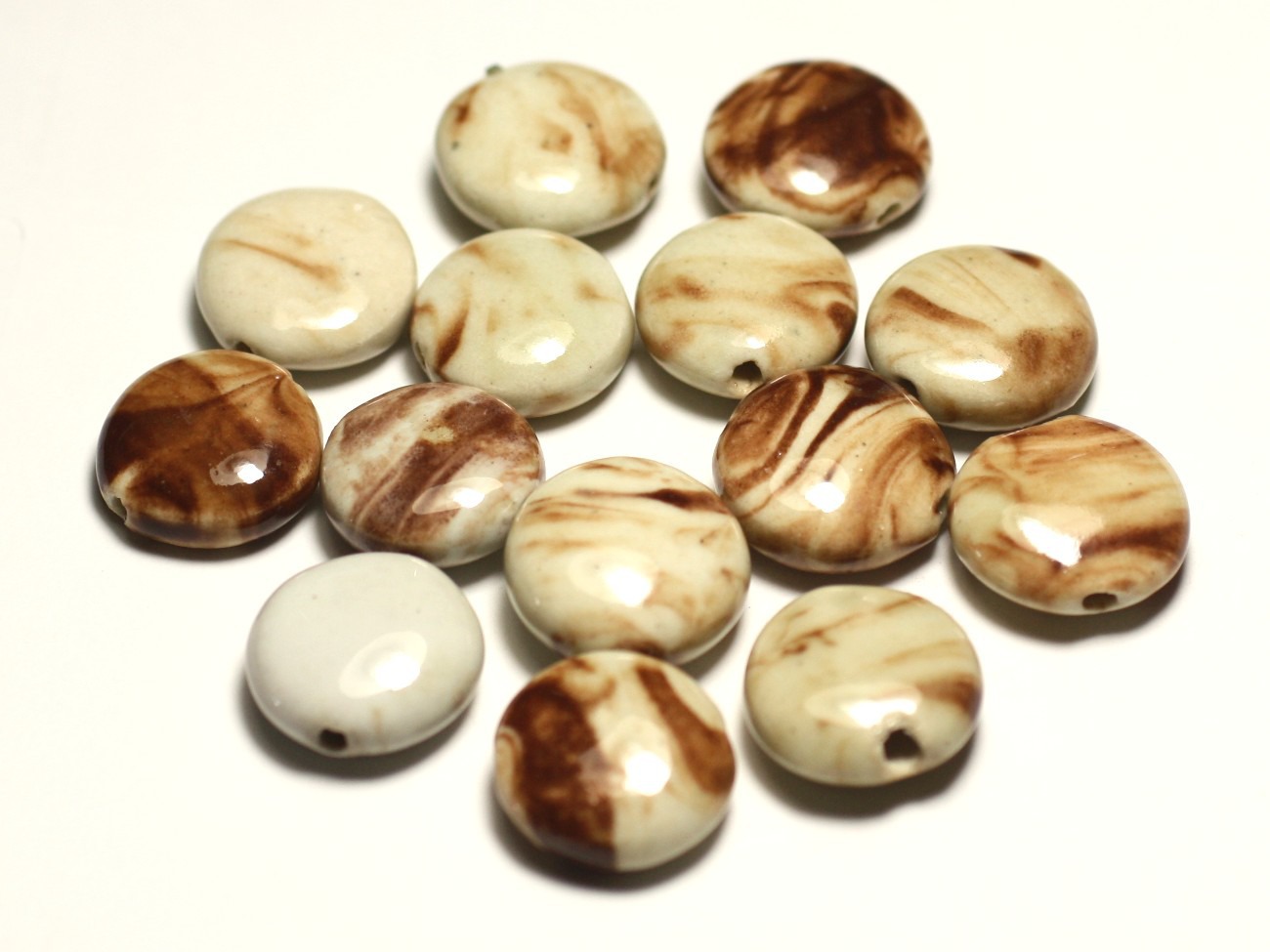 4pc - Perles Céramique Porcelaine Palets 16mm Blanc Ecru Beige Marron - 8741140017689 