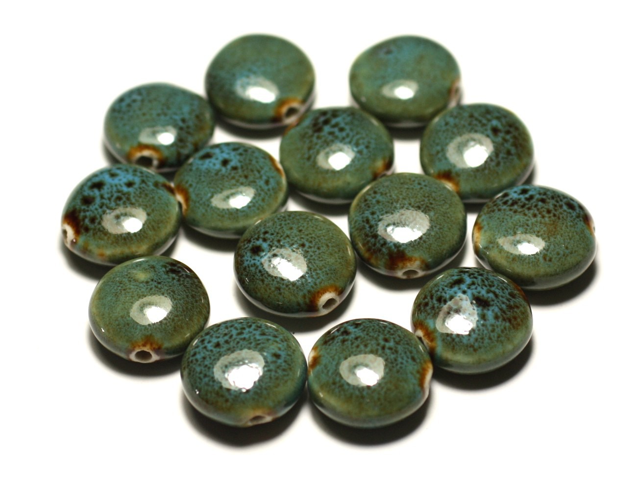 4pc - Perles Céramique Porcelaine Palets 16mm Bleu Turquoise Ocre Tacheté - 8741140017627 