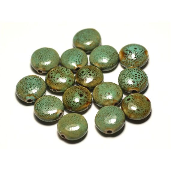 4pc - Perles Céramique Porcelaine Palets 16mm Bleu Turquoise Vert Jaune Tacheté - 8741140017634 