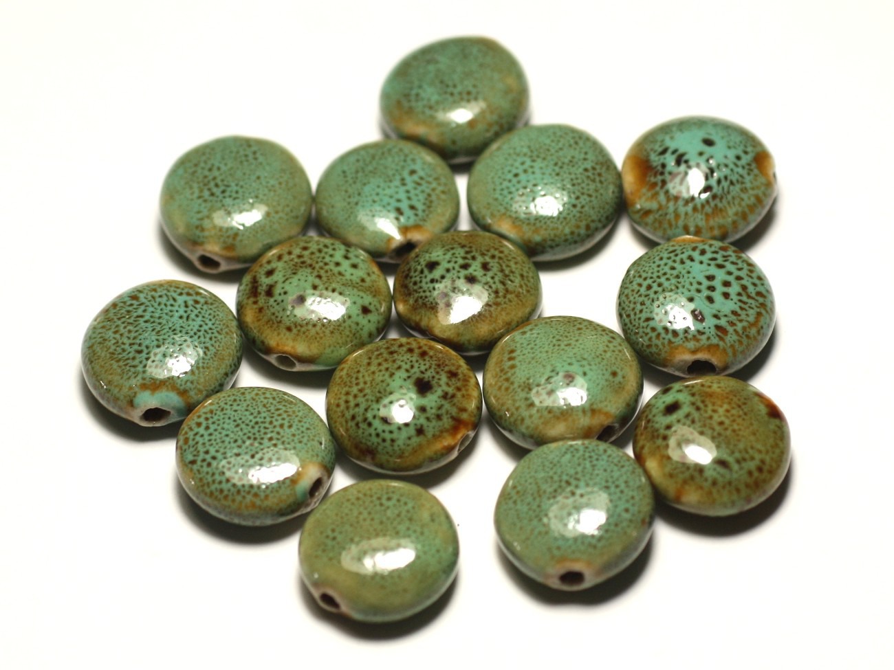 4pc - Perles Céramique Porcelaine Palets 16mm Bleu Turquoise Vert Jaune Tacheté - 8741140017634 