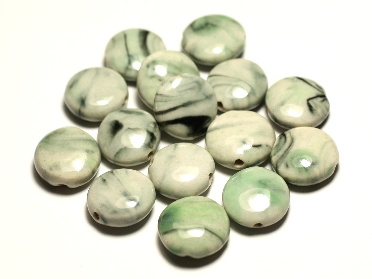 4pc - Perles Céramique Porcelaine Palets 16mm Blanc Gris Noir Vert Turquoise - 8741140017696 