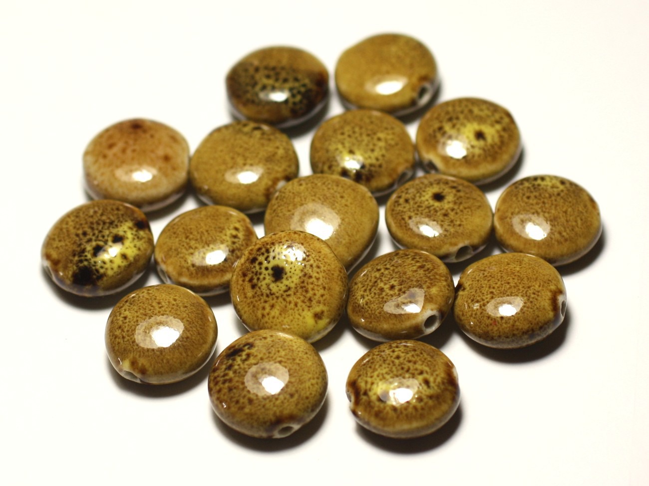 4pc - Perles Céramique Porcelaine Palets 16mm Jaune Ocre Marron Tacheté - 8741140017702 