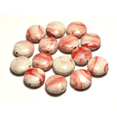 4pc - Perles Céramique Porcelaine Palets 16mm Blanc Rouge Rose Corail - 8741140017719 