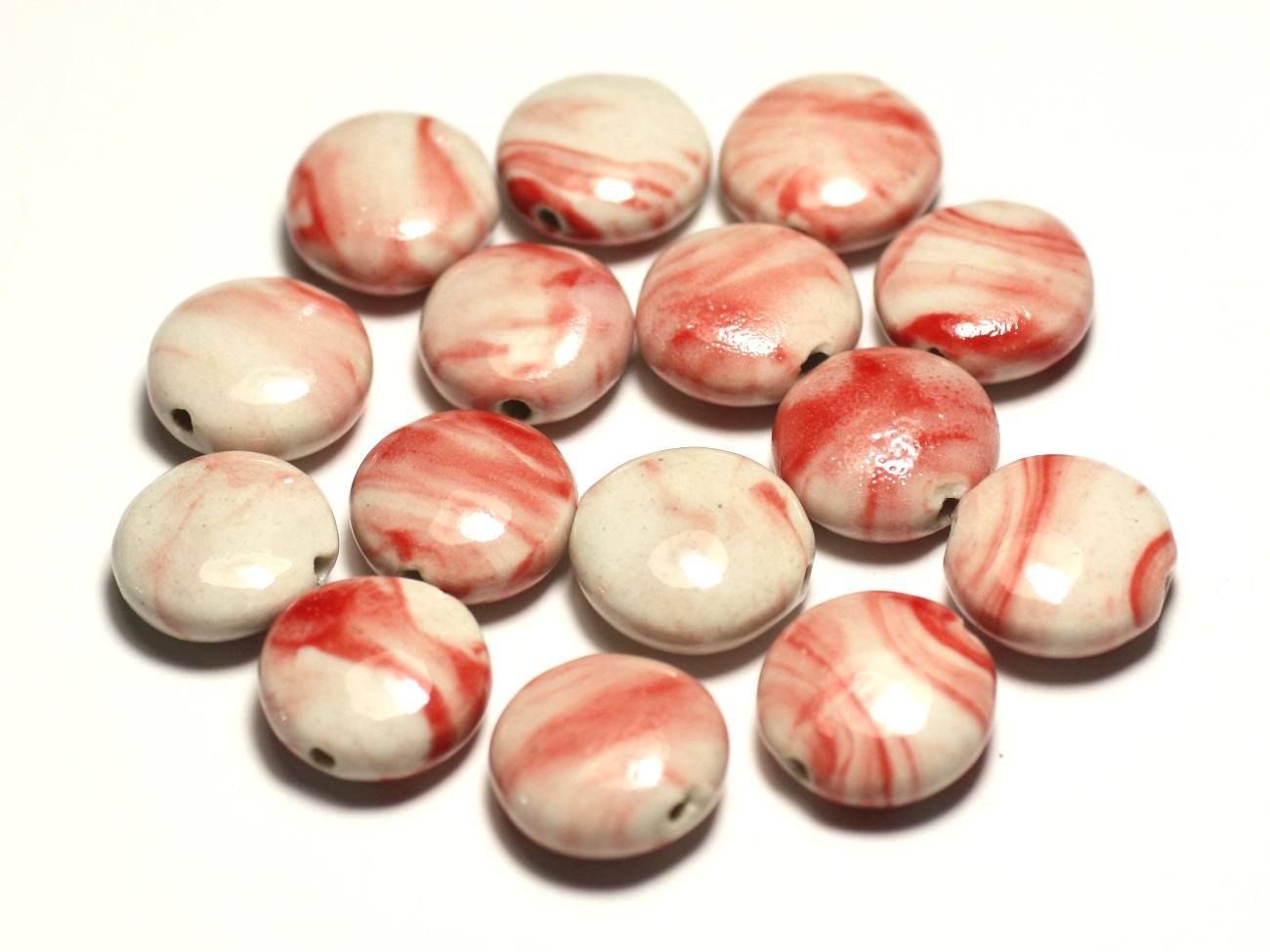 4pc - Perles Céramique Porcelaine Palets 16mm Blanc Rouge Rose Corail - 8741140017719 