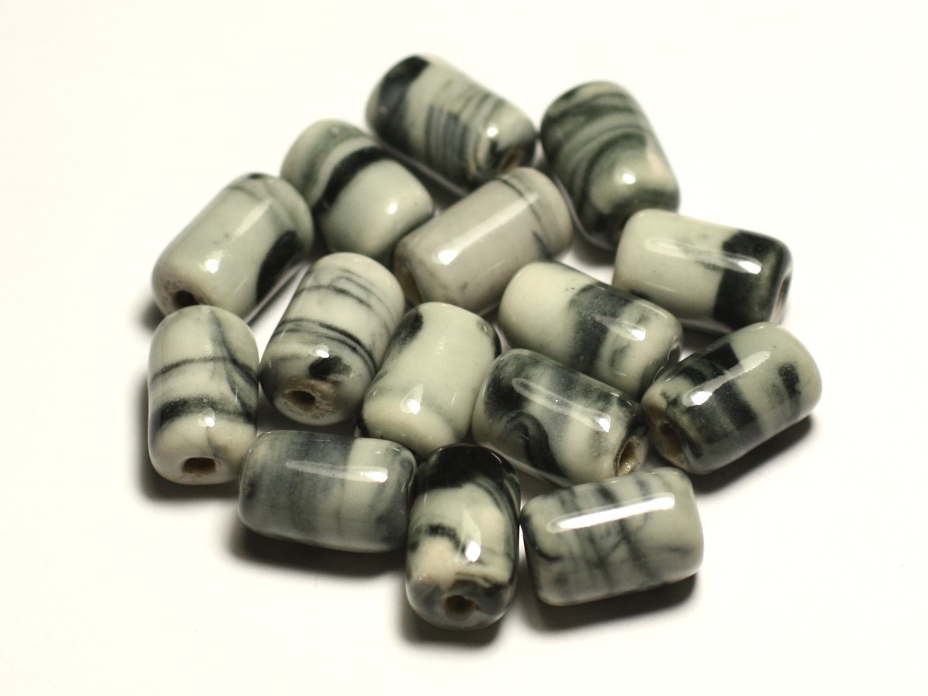 6pc - Perles Céramique Porcelaine Tubes 14mm Blanc Gris Noir - 8741140017801 