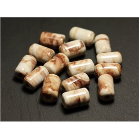 6pc - Tubi di perline in ceramica porcellana 14mm Bianco Ecru Beige Marrone - 8741140017818 