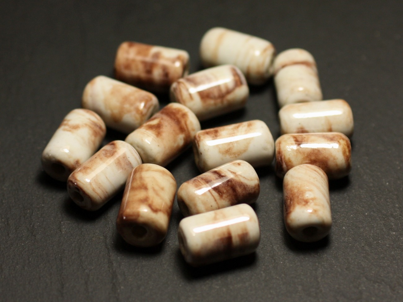 6pc - Perles Céramique Porcelaine Tubes 14mm Blanc Ecru Beige Marron - 8741140017818 