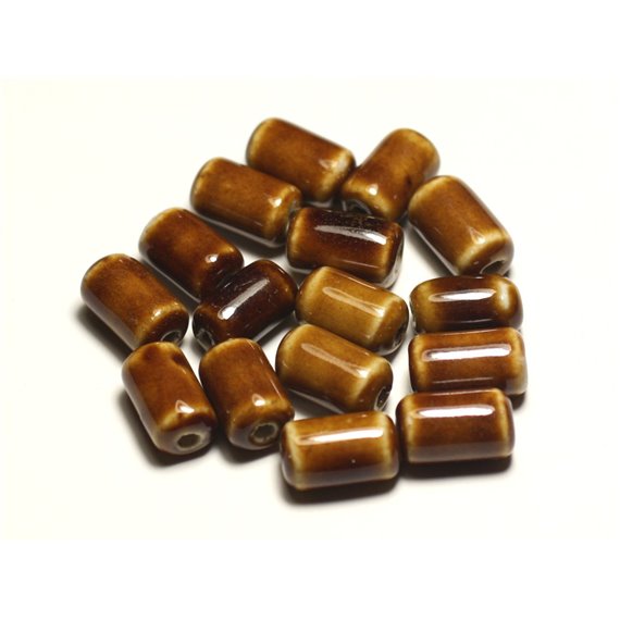 6pc - Perles Céramique Porcelaine Tubes 14mm Marron Café Ocre - 8741140017825 