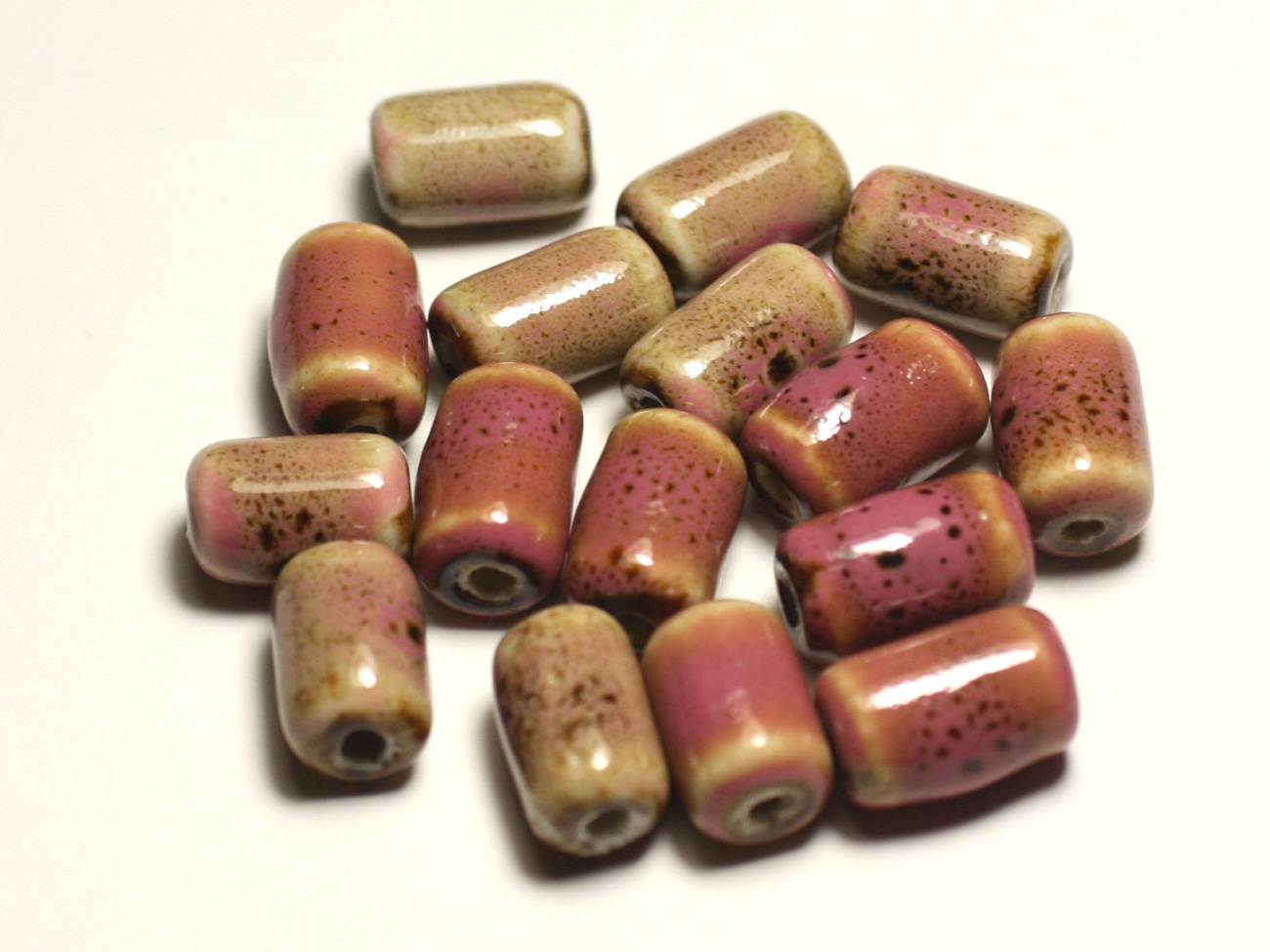 6pc - Perles Céramique Porcelaine Tubes 14mm Rose Jaune Ocre Tacheté - 8741140017849 