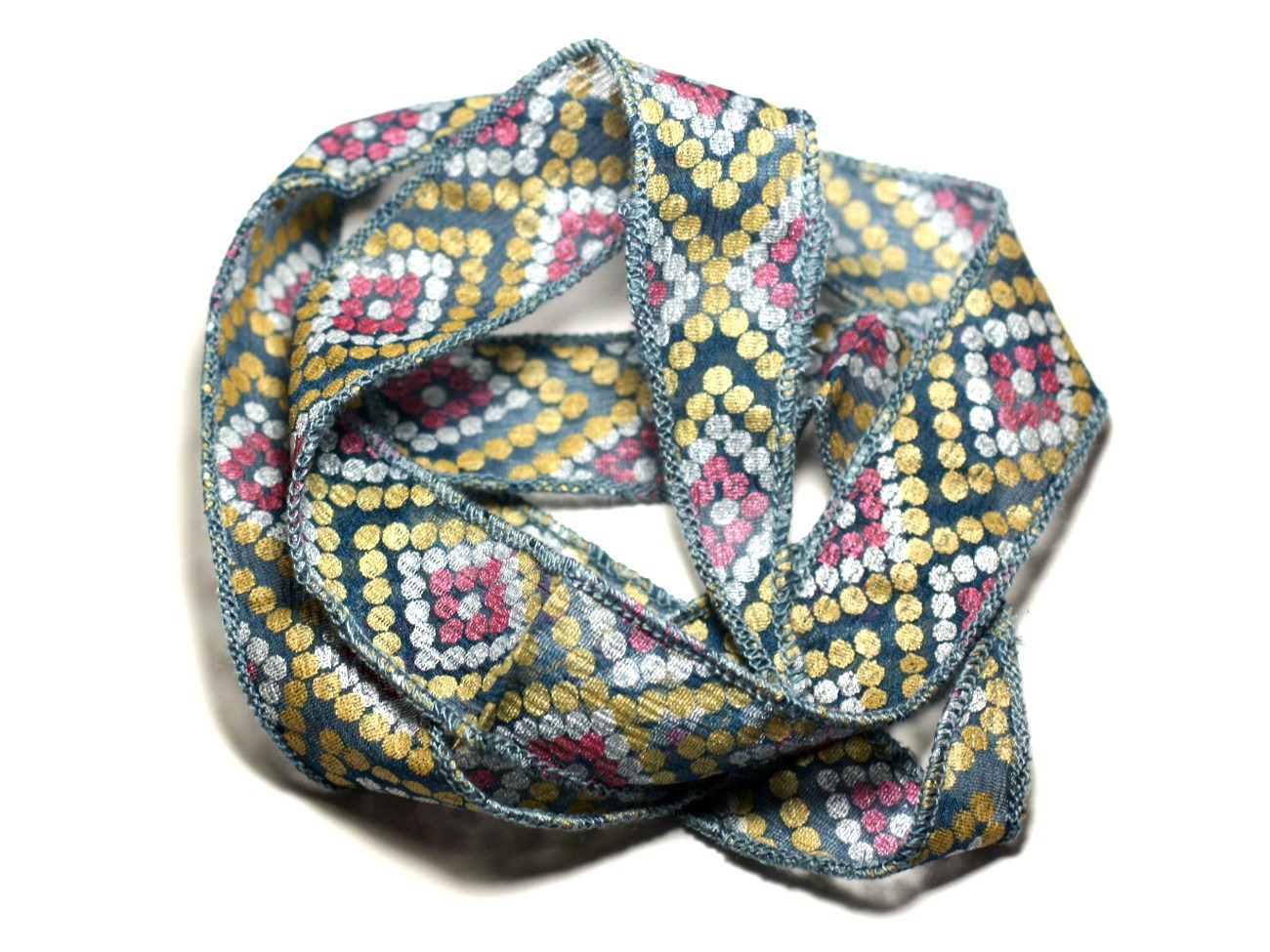 Collier Ruban Soie teint à la main 85 x 2.5cm Bleu Argenté Doré Rose Pois Losanges SOIE191 - 8741140016996 