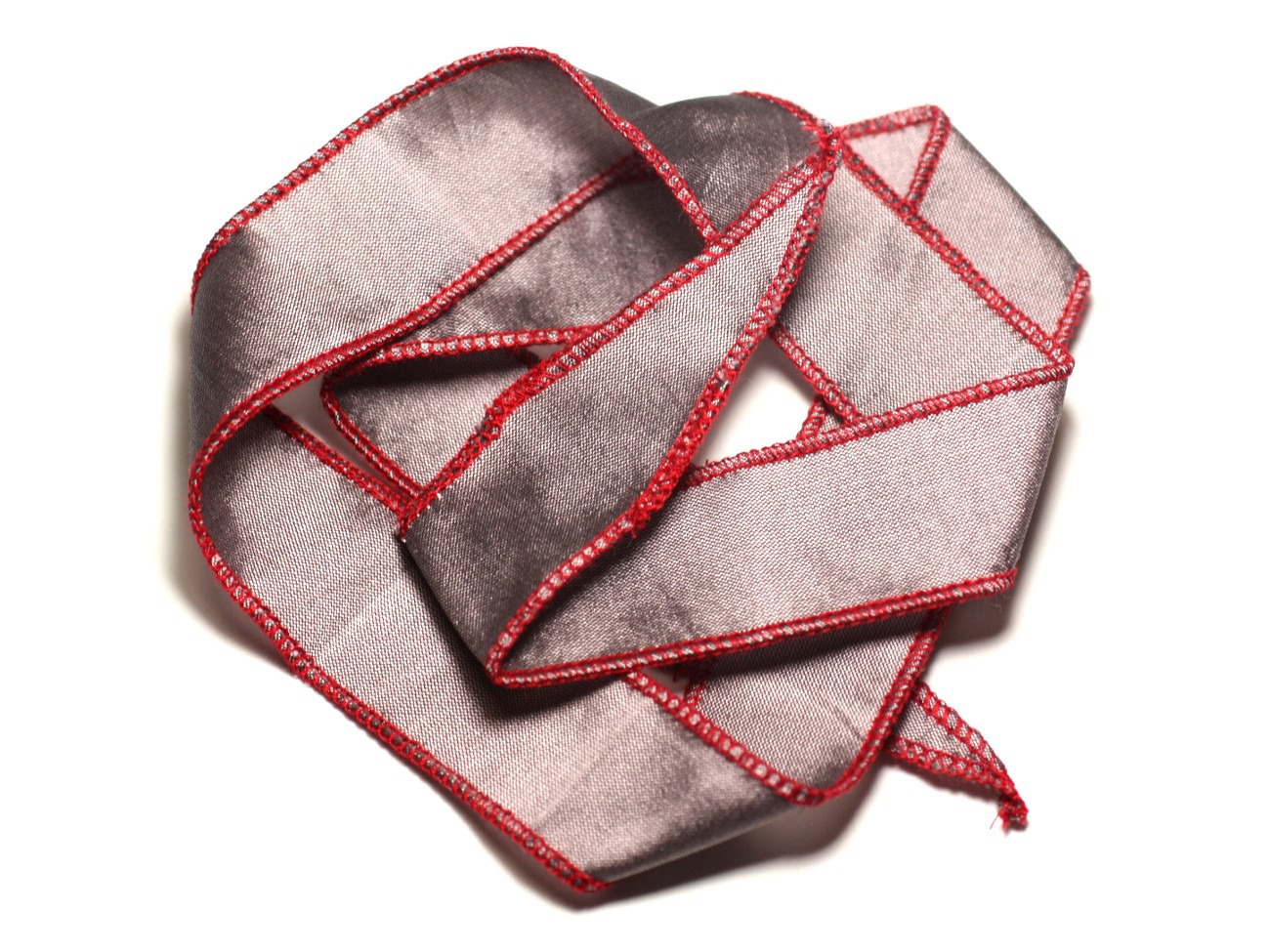 Collier Ruban Soie teint à la main 66 x 2.5cm Gris Argenté Rouge SOIE195 - 8741140017030 