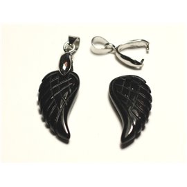 1pc - Stone Pendant - Black Agate Engraved Wing 24mm - 8741140016774