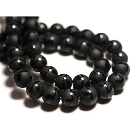 10pc - Stone Beads - Matte Black Onyx Sanded Frosted 8mm Balls Shiny Leaves - 8741140015913 
