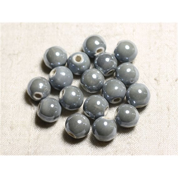 4pc - Perles Céramique Porcelaine Boules 14mm Gris clair irisé -  8741140014015 