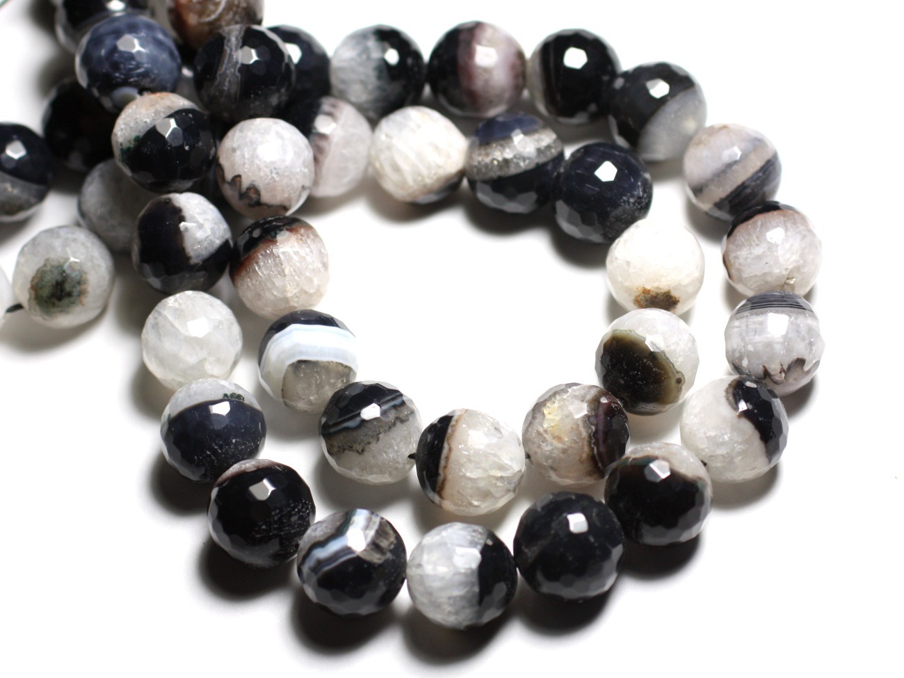 2pc - Perles Pierre - Agate Quartz Boules Facettées 14mm Blanc Noir - 4558550081742