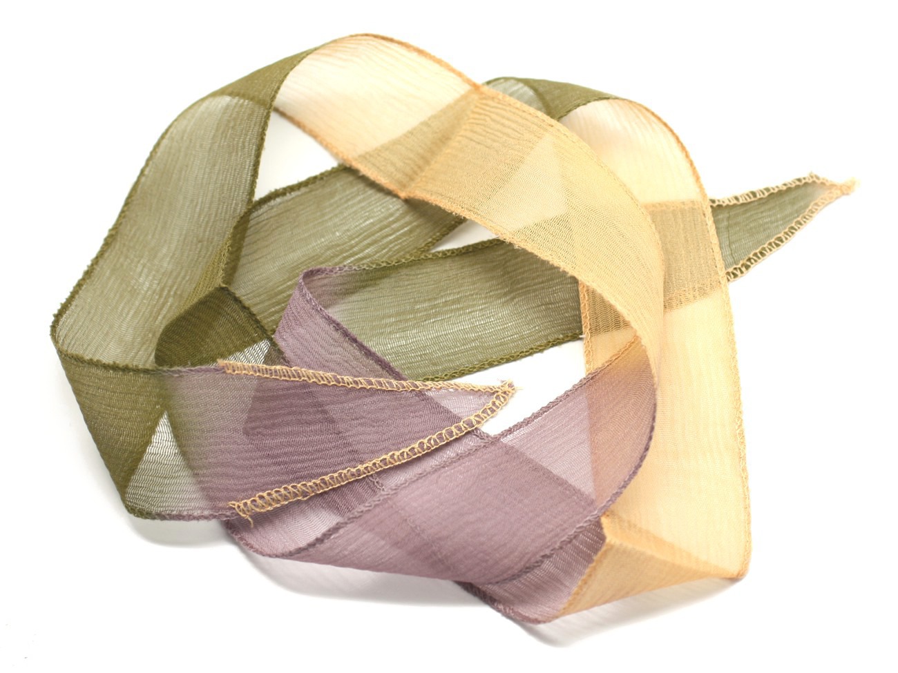 Collier Ruban Soie teint à la main 85 x 2.5cm Violet Mauve Jaune Vert (ref SOIE158)   4558550002815 
