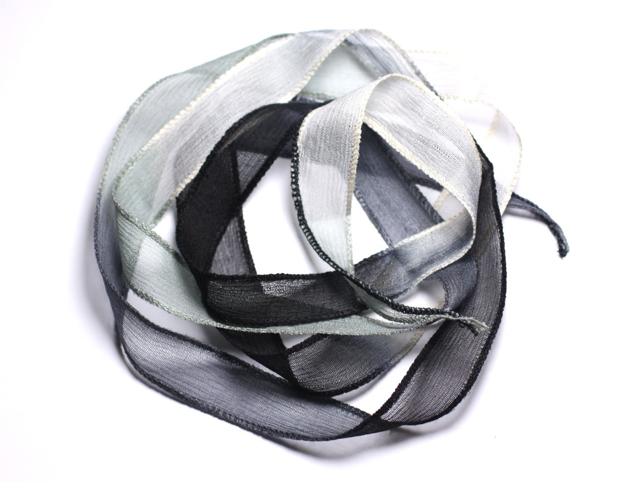 Collier Ruban Soie teint à la main 130x1.8cm Blanc Gris Noir (SOIE104) - 8741140003057 
