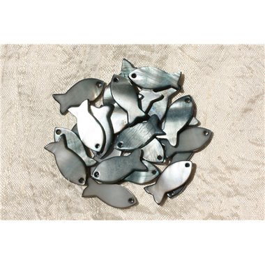 5pc - Breloques Pendentifs Nacre Gris Noir Poissons 23mm - 4558550012418 