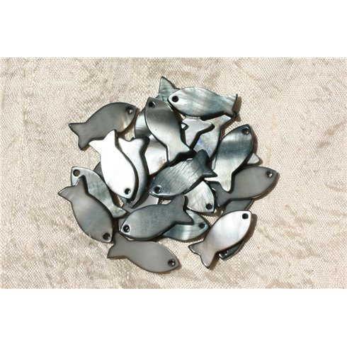 5pc - Breloques Pendentifs Nacre Gris Noir Poissons 23mm - 4558550012418 