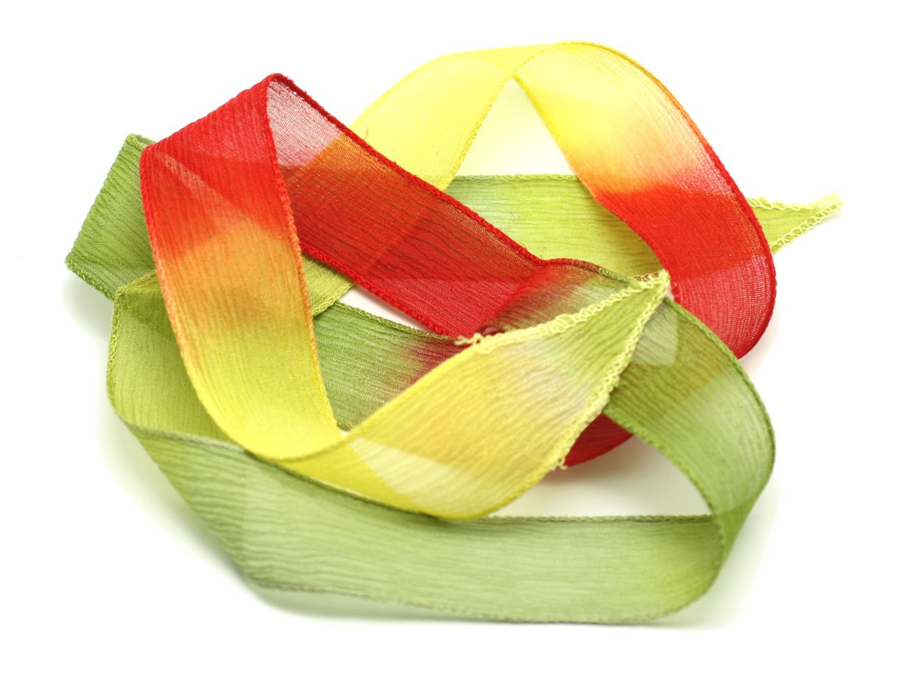 1pc - Collier Ruban Soie teint à la main 85 x 2.5cm Jaune Vert Olive Rouge (ref SOIE167)   4558550001733 