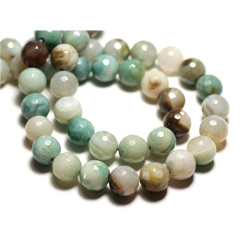 4pc - Perles de Pierre - Agate blanc vert turquoise beige Boules facettées 10mm - 8741140014428 