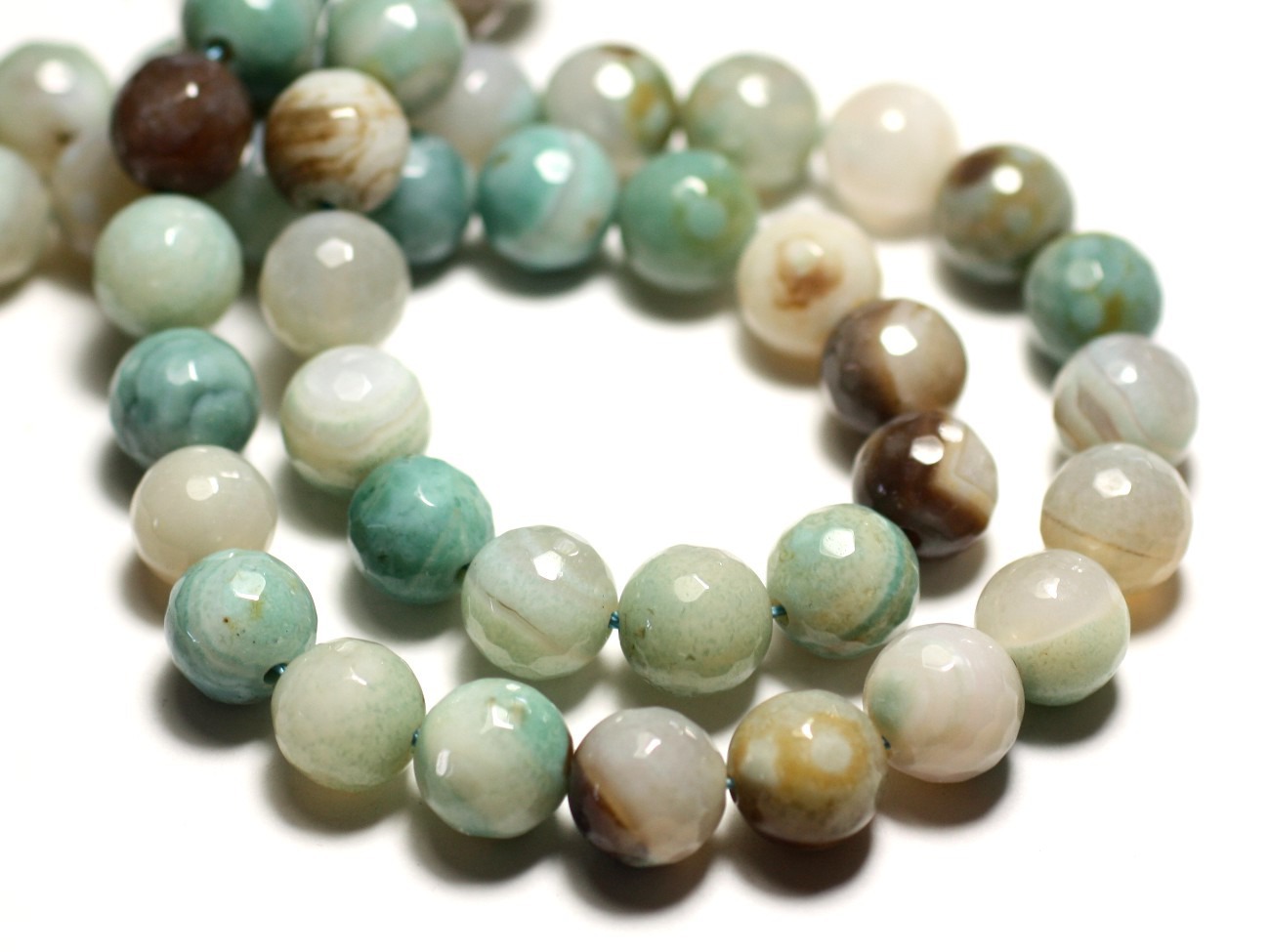 4pc - Perles de Pierre - Agate blanc vert turquoise beige Boules facettées 10mm - 8741140014428 