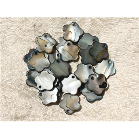 10pc - Perles Breloques Pendentifs Nacre Fleurs 15mm Gris Noir   4558550002600 