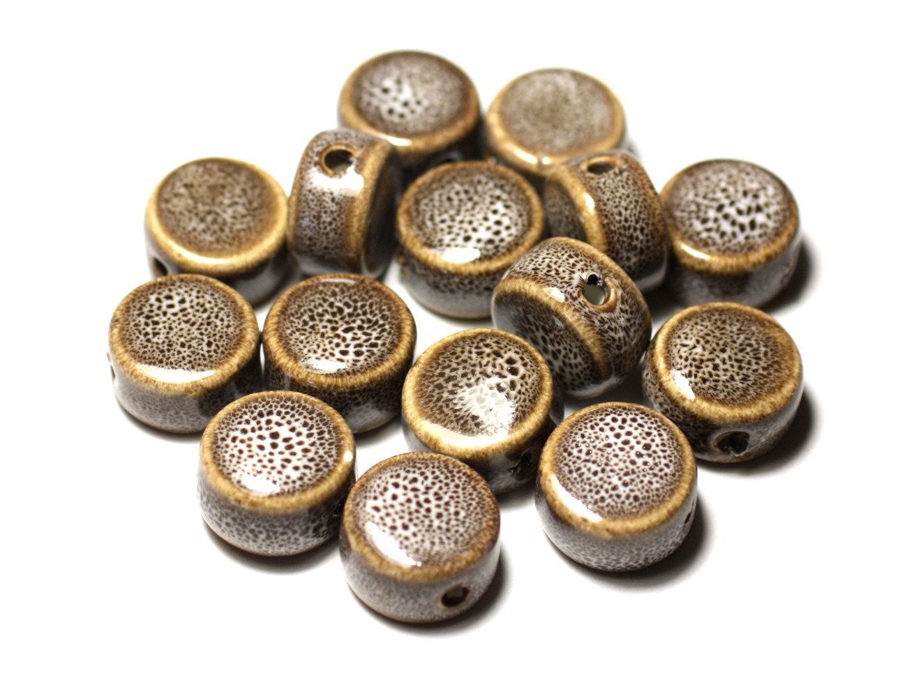 4pc - Perles Céramique Porcelaine Palets 15mm Marron Beige Ocre - 8741140010567 