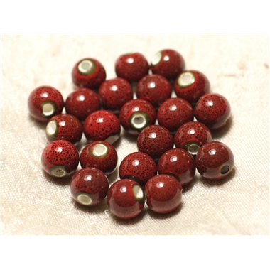 10pc - Perles Céramique Porcelaine Boules 10mm Rouge Bordeaux tacheté - 8741140010536 