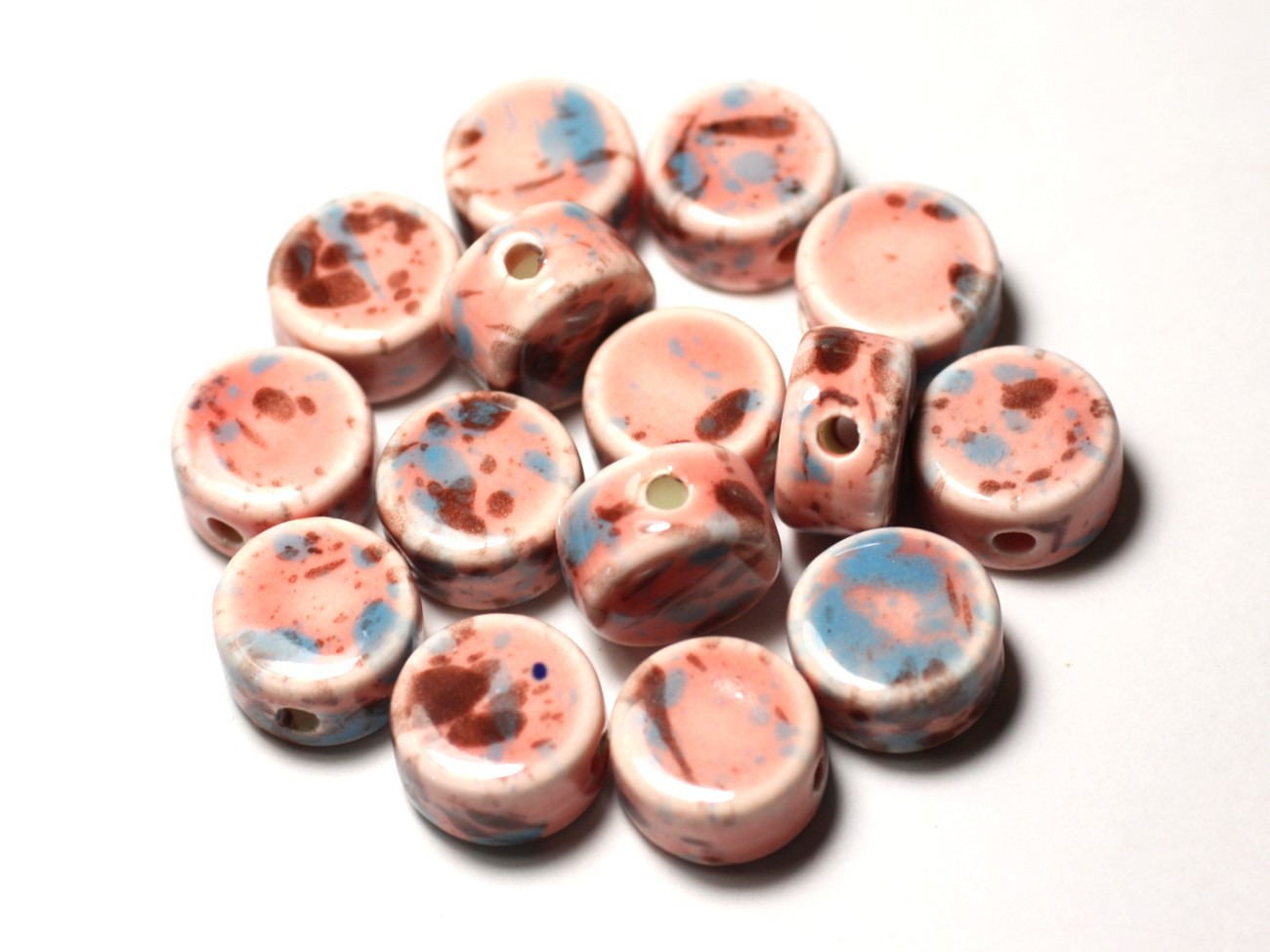 4pc - Perles Céramique Porcelaine Palets 15mm Marron Rose Bleu Pastel - 8741140010574 