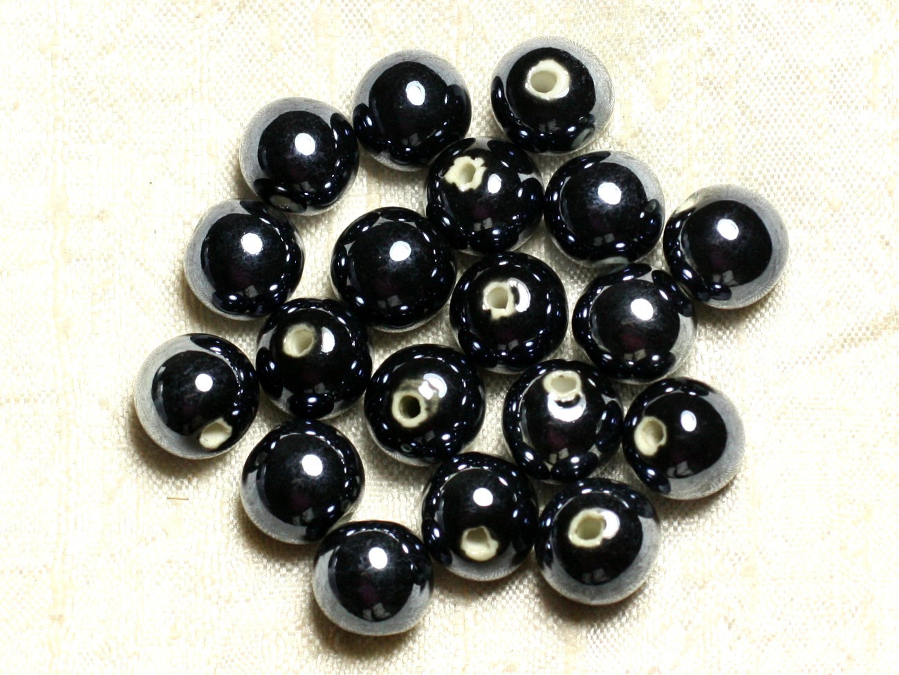 4pc - Perles Céramique Porcelaine Boules 14mm Noir irisé -  8741140013988 