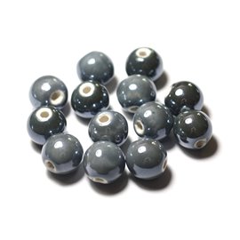 4pc - Porcelain Ceramic Beads Balls 14mm Dark Gray Iridescent - 8741140014008 
