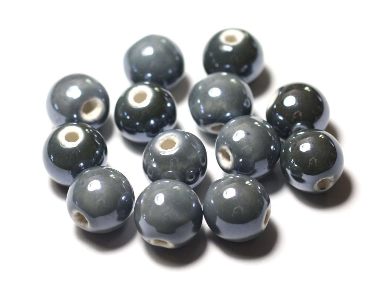 4pc - Perles Céramique Porcelaine Boules 14mm Gris foncé irisé -  8741140014008 