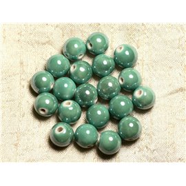 4pc - Ceramic Porcelain Beads Balls 14mm Green Turquoise Iridescent - 8741140014046 