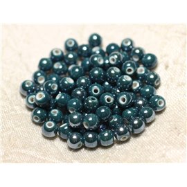 10pc - Bolas de perlas de cerámica de porcelana 6mm azul verde pavo real aceite iridiscente - 8741140010659