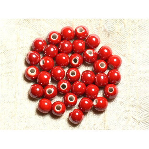 10pc - Perles Porcelaine Céramique Boules 8mm Rouge irisé -  4558550009463 