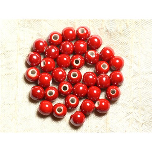 10pc - Perles Porcelaine Céramique Boules 8mm Rouge Ceries irisé - 4558550009463