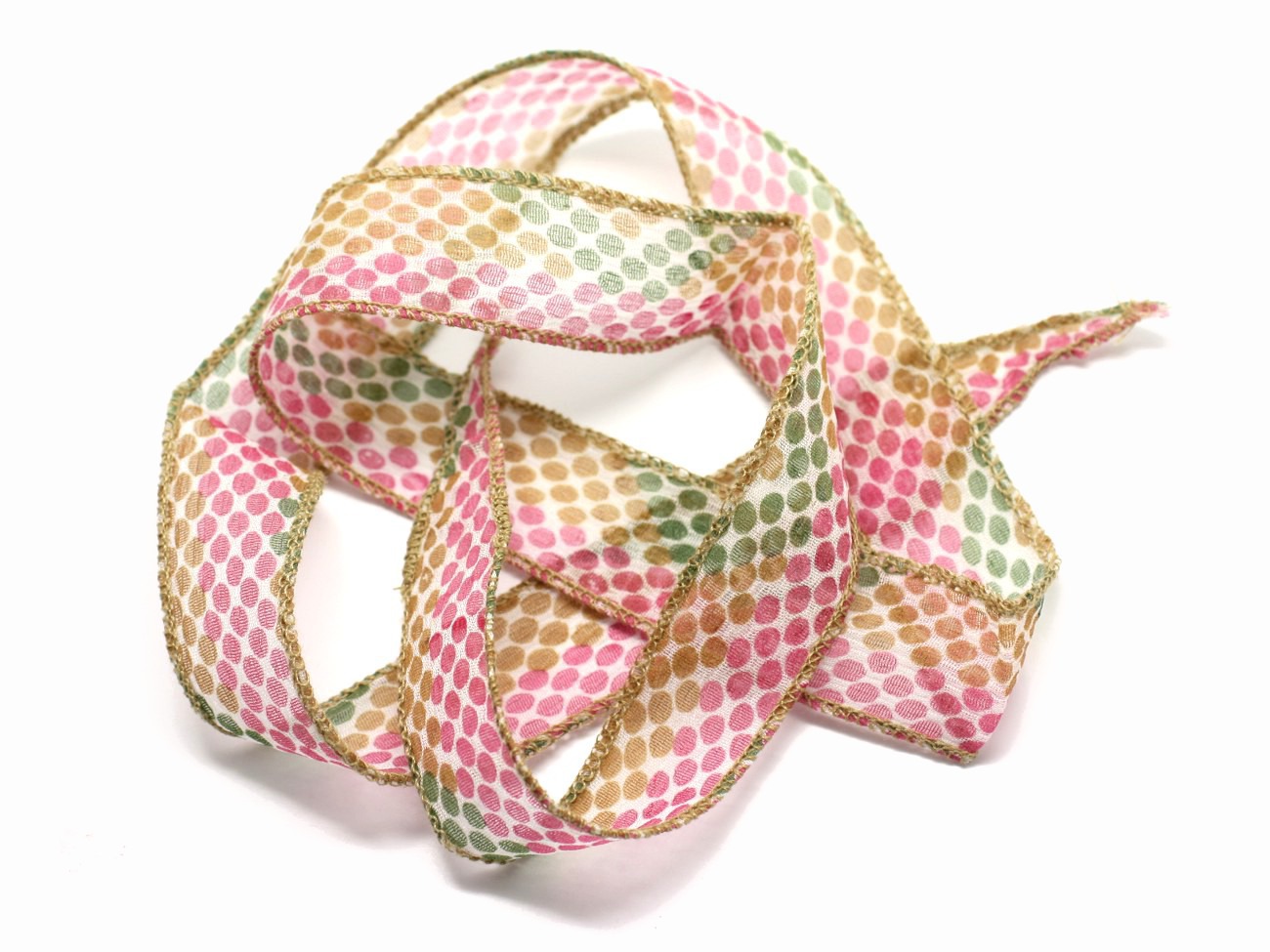 1pc - Collier Ruban Soie teint à la main 85 x 2.5cm Pois Rose Vert Jaune Ocre (ref SOIE155)   4558550002792 