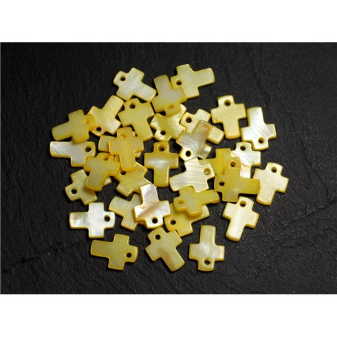 10pc - Perles Pendentifs Breloques Nacre Croix 12mm Jaune Poussin Pastel - 8741140003439