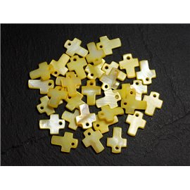 10pc - Pearls Pendants Charms Mother of Pearl Cross 12mm Light Yellow Pastel - 8741140003439 