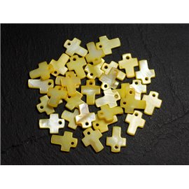 10Stk - Perlenanhänger Charms Perlmutt Kreuz 12mm Gelbes Küken Pastell - 8741140003439