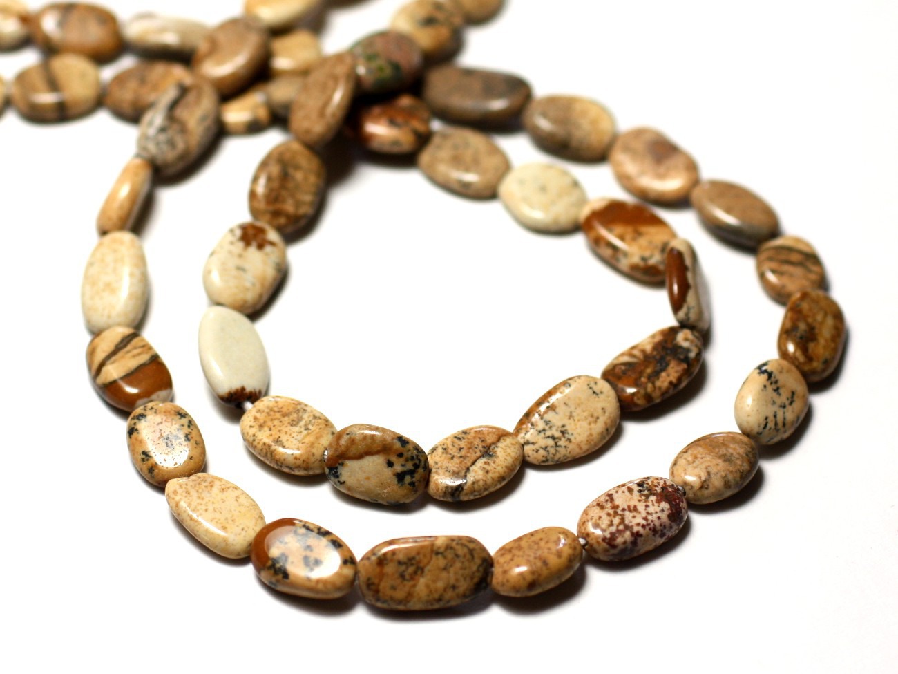 10pc - Perles de Pierre - Jaspe Paysage Beige Olives Ovales 6-11mm - 8741140011779 