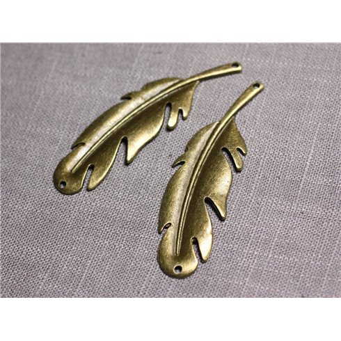 2pc - Grands Pendentifs Connecteurs Métal Bronze Plumes 68mm - 4558550095220 