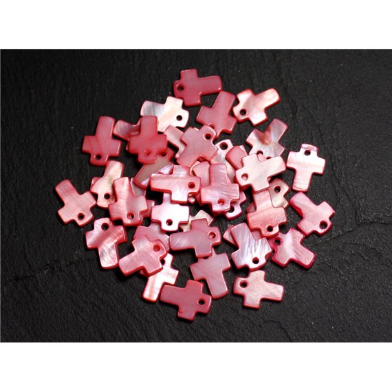 10pc - Perles Pendentifs Breloques Nacre Croix 12mm Rouge Rose Corail - 8741140003408 