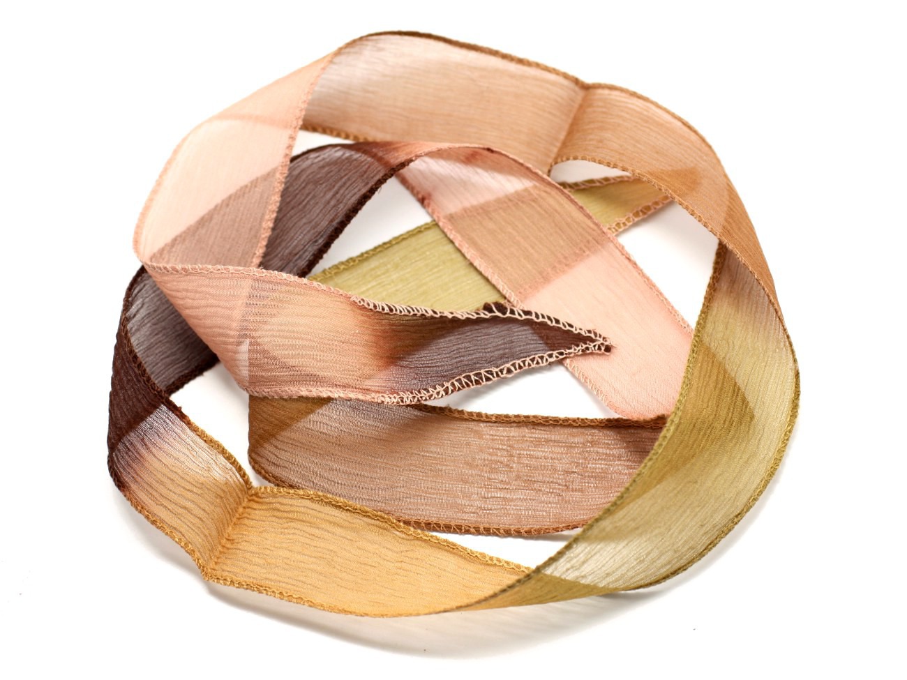 1pc - Collier Ruban Soie teint à la main 85 x 2.5cm Marron Jaune Vert Rose (ref SOIE159)   4558550002808 